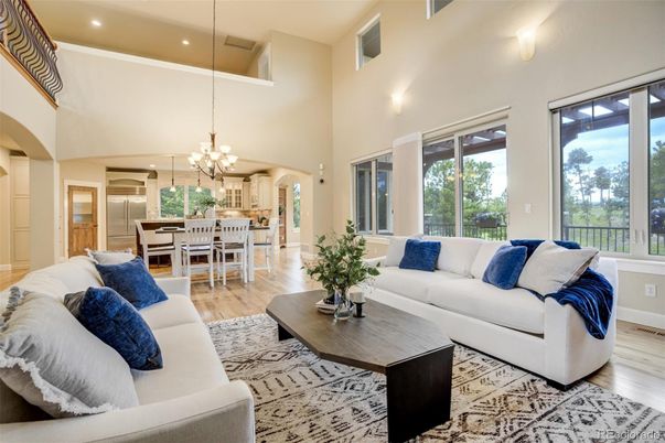 Chandelier, Dining room, Interior, Kitchen, Living room, Pendant Lights, Recessed Lighting, Wood Texture Flooring