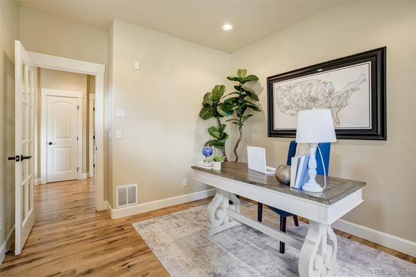 Home Office, Interior, Recessed Lighting, Wood Texture Flooring