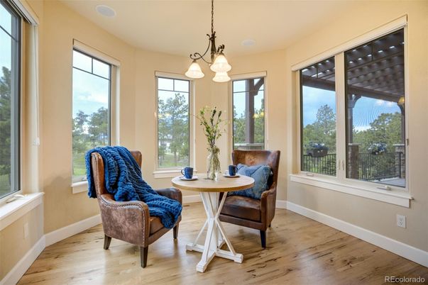 Dining room, Interior, Pendant Lights, Wood Texture Flooring