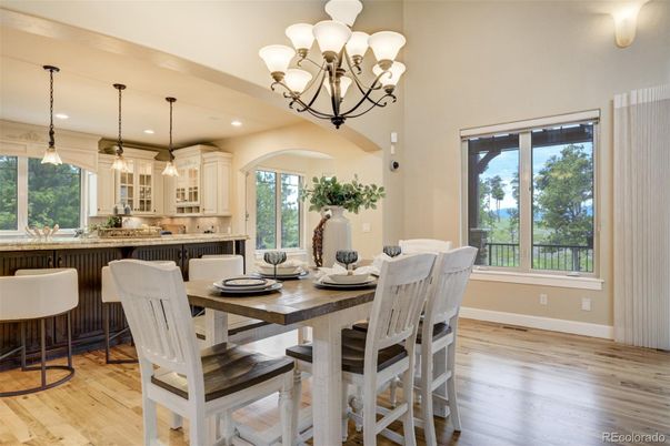 Chandelier, Dining room, Interior, Kitchen, Pendant Lights, Recessed Lighting, Wood Texture Flooring