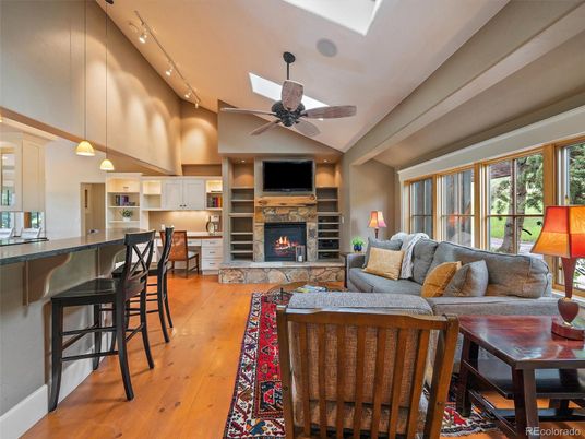 Fireplace, Interior, Kitchen, Living room, Pendant Lights, Recessed Lighting, Wood Texture Flooring