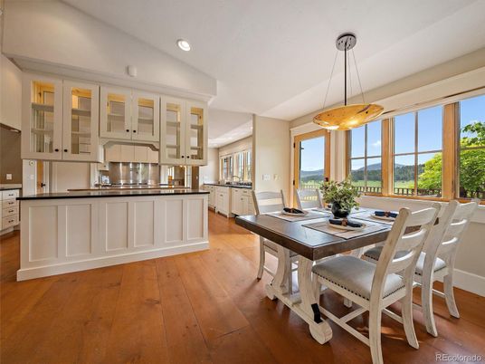Dining room, Interior, Kitchen, Pendant Lights, Recessed Lighting, Wood Texture Flooring