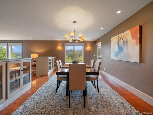 Chandelier, Dining room, Interior, Recessed Lighting, Wood Texture Flooring