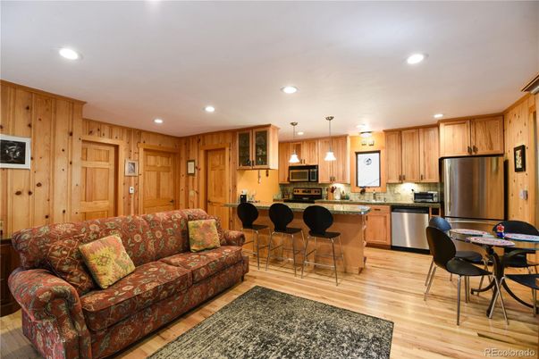 Interior, Kitchen, Living room, Pendant Lights, Recessed Lighting, Stainless Steel Appliances, Wood Texture Flooring, Wooden Walls