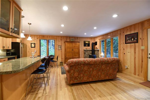 Interior, Kitchen, Living room, Pendant Lights, Recessed Lighting, Wood Texture Flooring, Wooden Walls