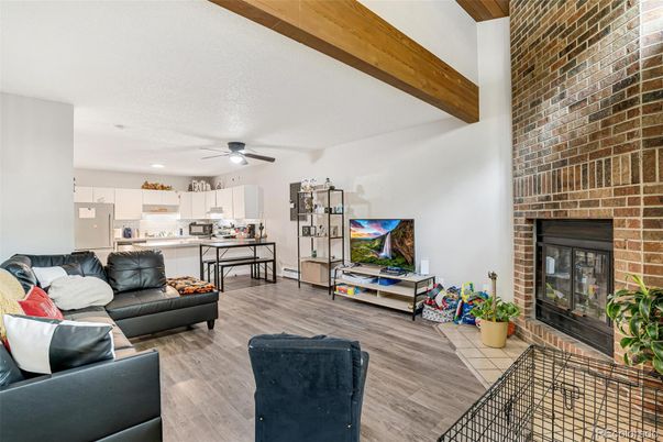 Fireplace, Interior, Kitchen, Living room, Recessed Lighting, Stone Walls, Wooden Beams, Wood Texture Flooring