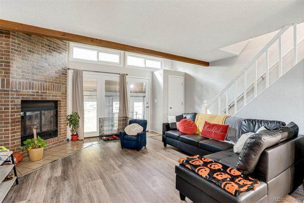 Fireplace, Interior, Living room, Stone Walls, Wooden Beams, Wood Texture Flooring