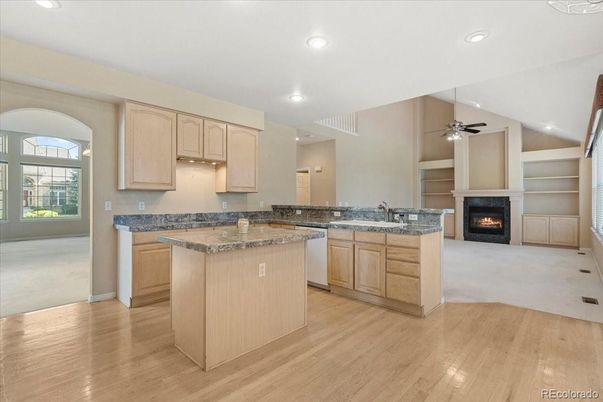 Fireplace, Interior, Kitchen, Recessed Lighting, Wood Texture Flooring
