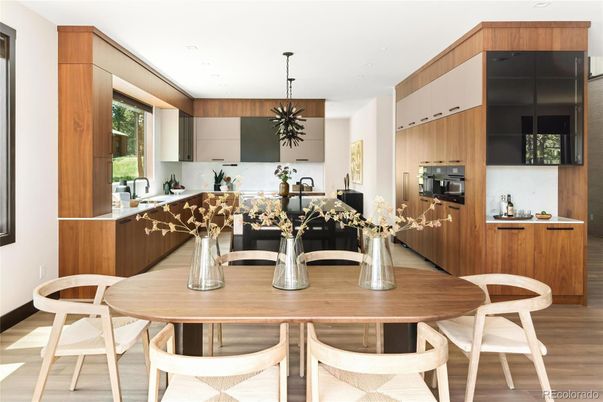 Dining room, Interior, Kitchen, Pendant Lights, Recessed Lighting, Wood Texture Flooring