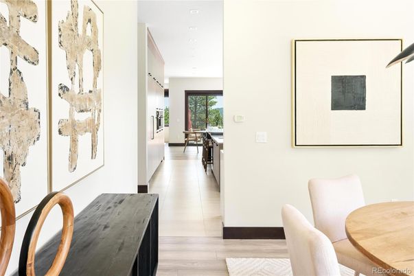 Dining room, Interior, Recessed Lighting, Wood Texture Flooring