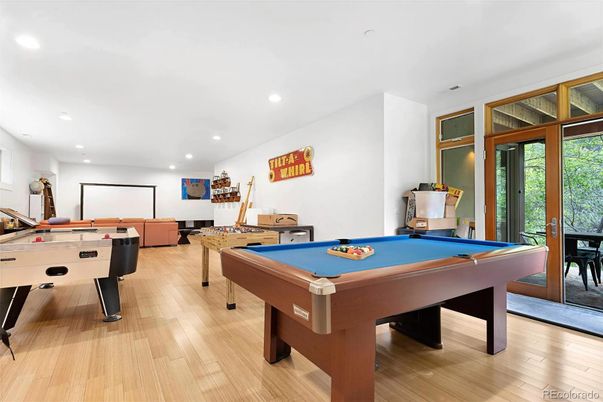 Billiard Table, Game Room, Interior, Projection Screen, Recessed Lighting, Wood Texture Flooring
