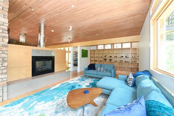 Fireplace, Interior, Living room, Recessed Lighting, Wooden Ceilings