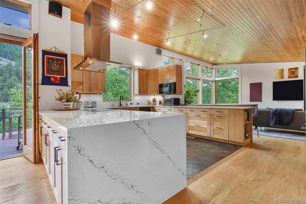 Interior, Kitchen, Recessed Lighting, Wooden Ceilings, Wood Texture Flooring