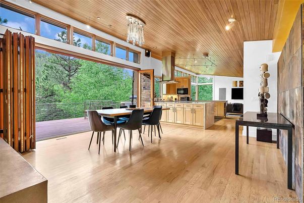 Chandelier, Dining room, Interior, Kitchen, Pendant Lights, Recessed Lighting, Wooden Ceilings, Wood Texture Flooring