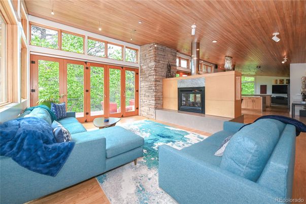Fireplace, Interior, Living room, Recessed Lighting, Wooden Ceilings, Wood Texture Flooring