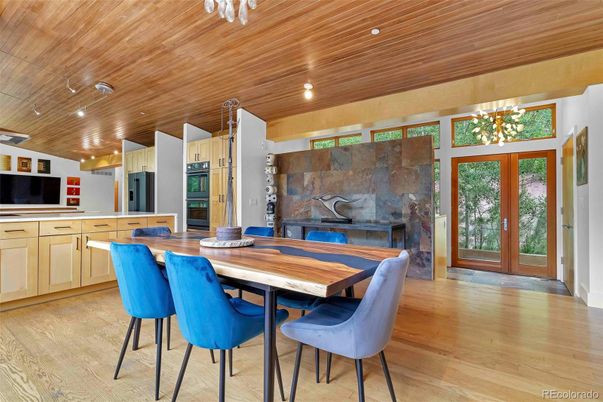 Dining room, Interior, Kitchen, Pendant Lights, Recessed Lighting, Wooden Ceilings, Wood Texture Flooring