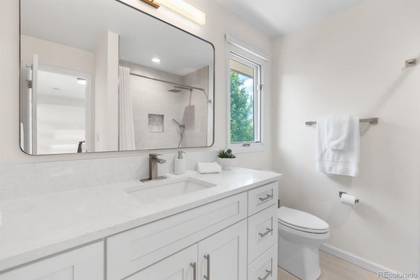 Bathroom, Interior, Recessed Lighting, Wood Texture Flooring