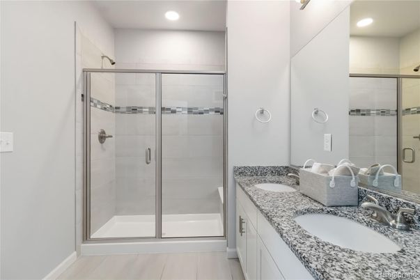 Bathroom, Dual Sink Vanities, Glass Shower, Interior, Recessed Lighting