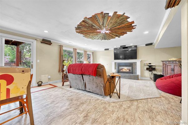 Fireplace, Interior, Living room, Recessed Lighting, Wood Texture Flooring