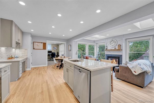 Dining room, Fireplace, Interior, Kitchen, Living room, Recessed Lighting, Wood Texture Flooring