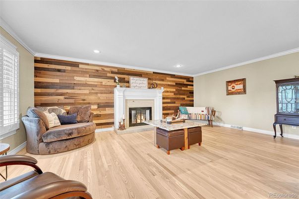Fireplace, Interior, Recessed Lighting, Wood Texture Flooring, Wooden Walls