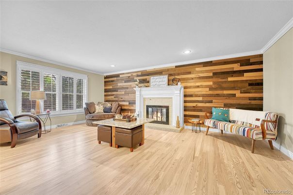 Fireplace, Interior, Living room, Recessed Lighting, Wood Texture Flooring, Wooden Walls