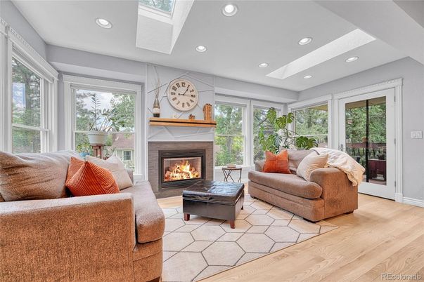 Fireplace, Interior, Living room, Recessed Lighting, Wood Texture Flooring