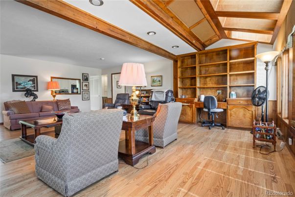 Home Office, Interior, Living room, Recessed Lighting, Wooden Beams, Wood Texture Flooring