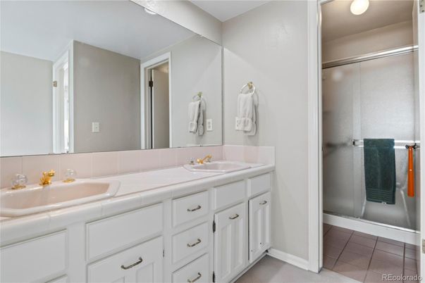 Bathroom, Dual Sink Vanities, Glass Shower, Interior, Tile Countertops