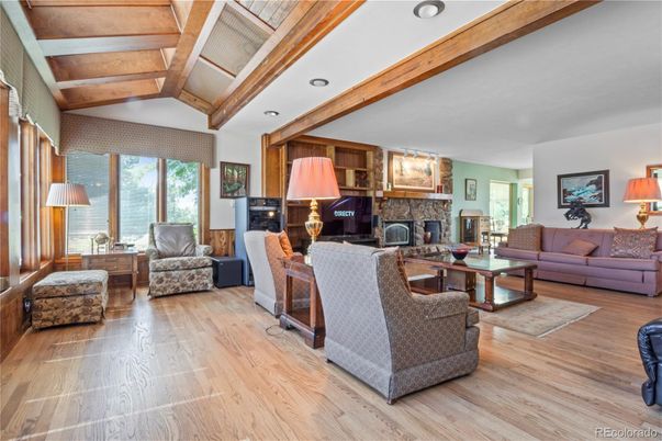 Fireplace, Interior, Living room, Recessed Lighting, Wooden Beams, Wood Texture Flooring