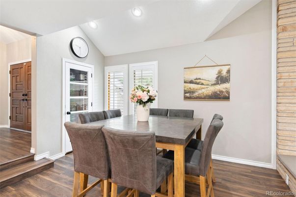 Dining room, Interior, Recessed Lighting, Wood Texture Flooring