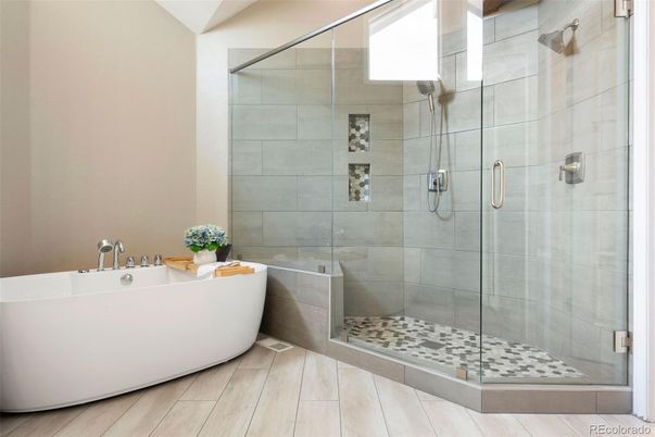 Bathroom, Free Standing Baths, Glass Shower, Interior, Wood Texture Flooring