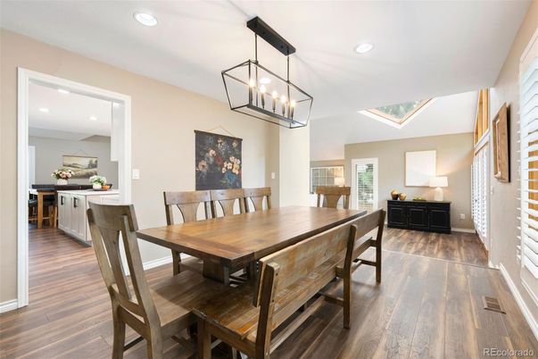 Dining room, Interior, Pendant Lights, Recessed Lighting, Wood Texture Flooring