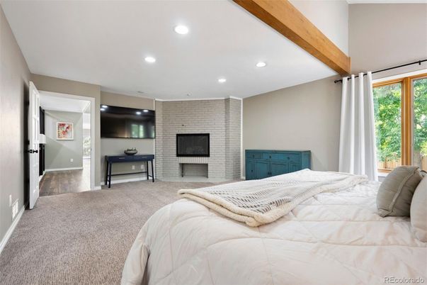 Bedroom, Fireplace, Interior, Recessed Lighting, Stone Walls, Wooden Beams