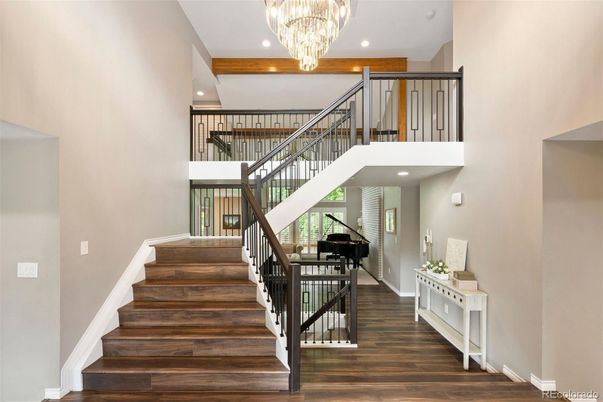 Chandelier, Interior, Piano, Recessed Lighting, Wooden Beams, Wood Texture Flooring