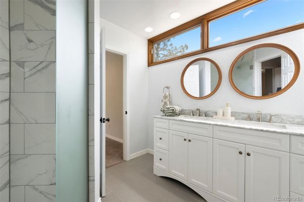 Bathroom, Dual Sink Vanities, Interior, Marble Walls, Recessed Lighting