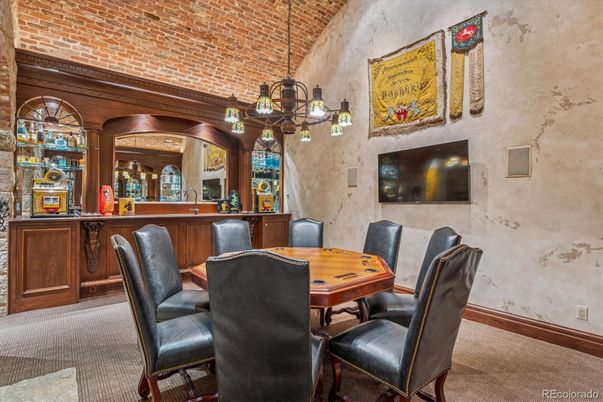 Chandelier, Dining room, Interior, Pendant Lights, Stone Walls