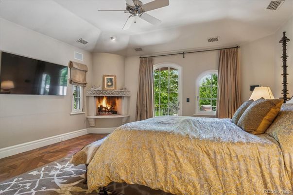 Bedroom, Fireplace, Interior, Recessed Lighting, Wood Texture Flooring
