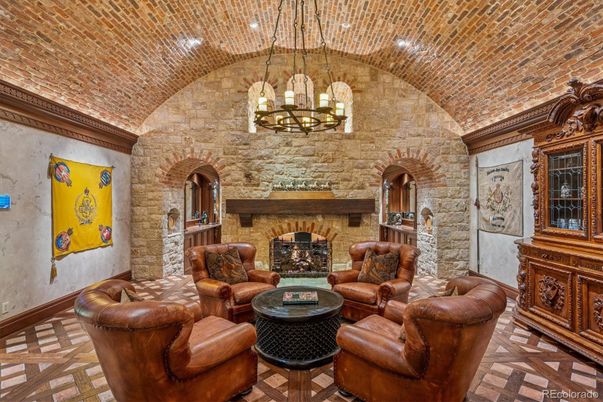 Fireplace, Interior, Living room, Pendant Lights, Stone Walls