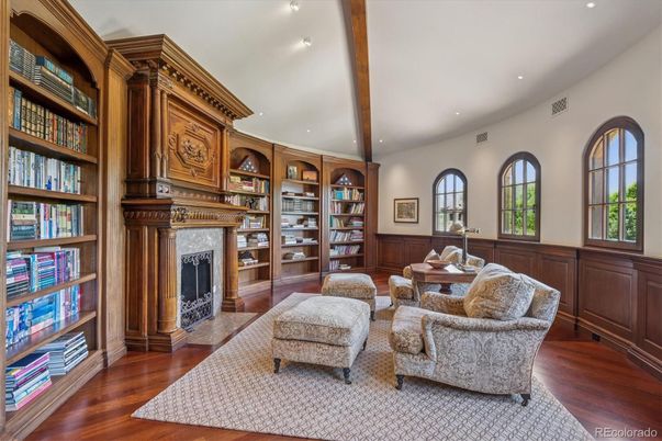 Fireplace, Interior, Living room, Recessed Lighting, Wooden Beams, Wood Texture Flooring
