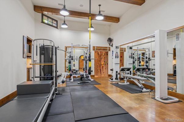 Fitness Equipment, Gym, Interior, Wooden Beams