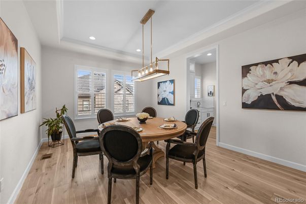 Dining room, Interior, Pendant Lights, Recessed Lighting, Wood Texture Flooring