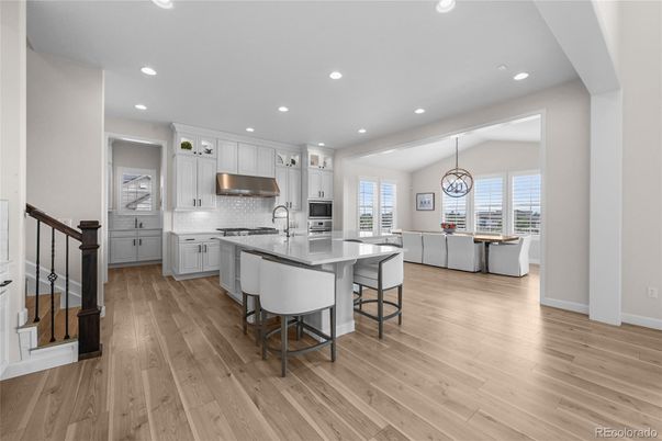 Chandelier, Interior, Kitchen, Recessed Lighting, Stainless Steel Appliances, Wood Texture Flooring