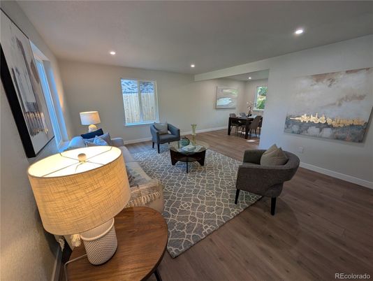 Dining room, Interior, Living room, Recessed Lighting, Wood Texture Flooring