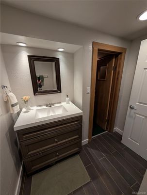 Bathroom, Interior, Recessed Lighting, Wood Texture Flooring