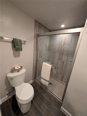 Bathroom, Glass Shower, Interior, Recessed Lighting, Wood Texture Flooring