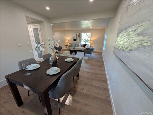 Dining room, Interior, Living room, Recessed Lighting, Wood Texture Flooring