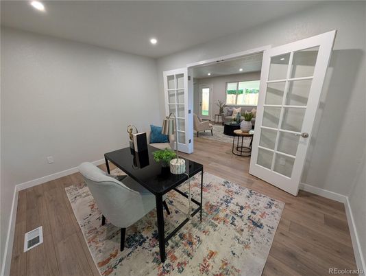 Home Office, Interior, Living room, Recessed Lighting, Wood Texture Flooring