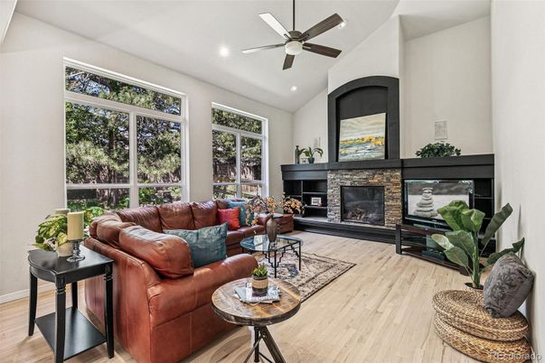 Fireplace, Interior, Living room, Recessed Lighting, Wood Texture Flooring