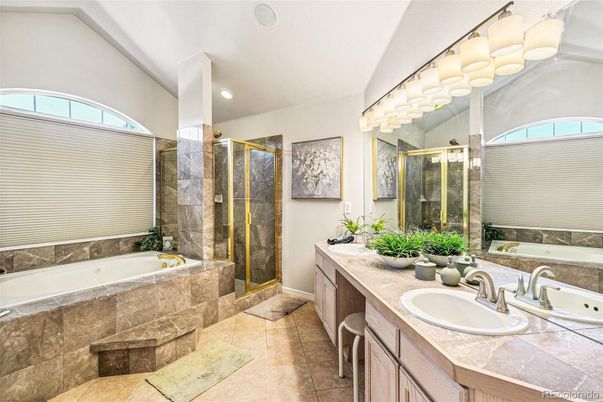 Bathroom, Dual Sink Vanities, Glass Shower, Interior, Recessed Lighting, Tile Countertops
